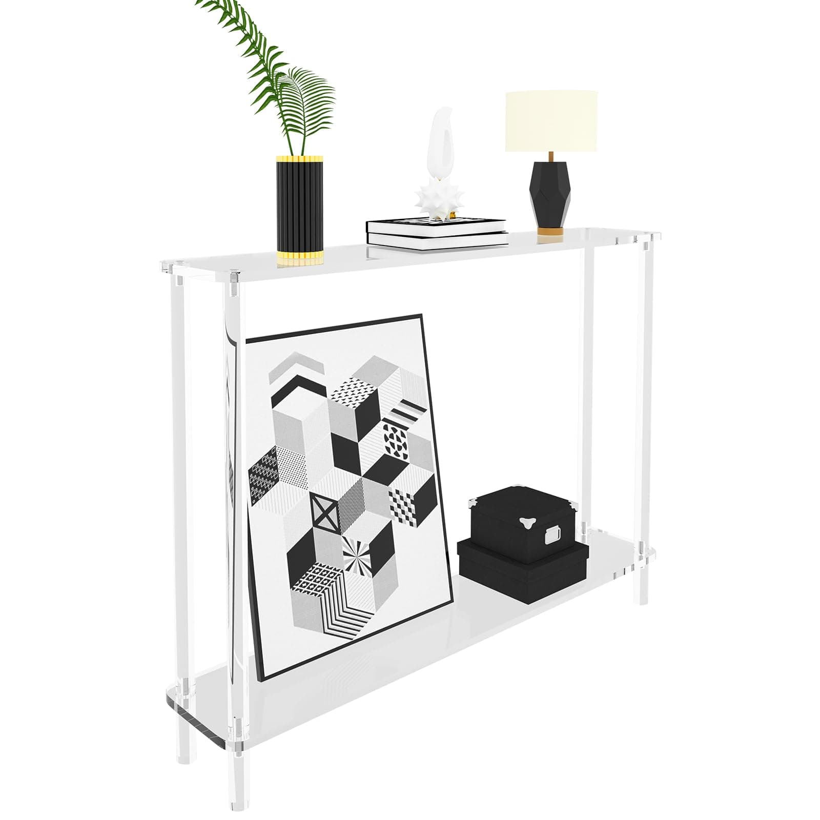 Clear Acrylic Narrow Console Tables for Entryway, 39.4" L x 7.9" W x 31.5" H, Modern Entry Table 2-Tier, Cylindrical Legs, Skinny Hallway Table for Foyer, Sofa, Living Room