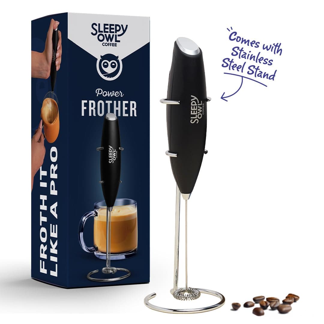 Powerful Milk Frother for Coffee | Black Color | Battery Operated Electric Frother | Stainless Steel Whisk with Frother Stand | Best for Coffee, Lattes, Milk, Hot Chocolates