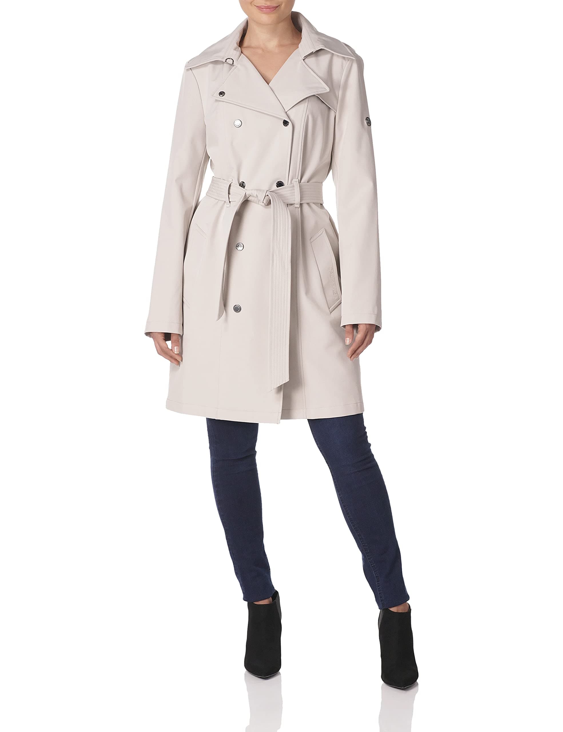 Calvin Klein Women's Double Breasted Belted Rain Jacket With Removable Hood