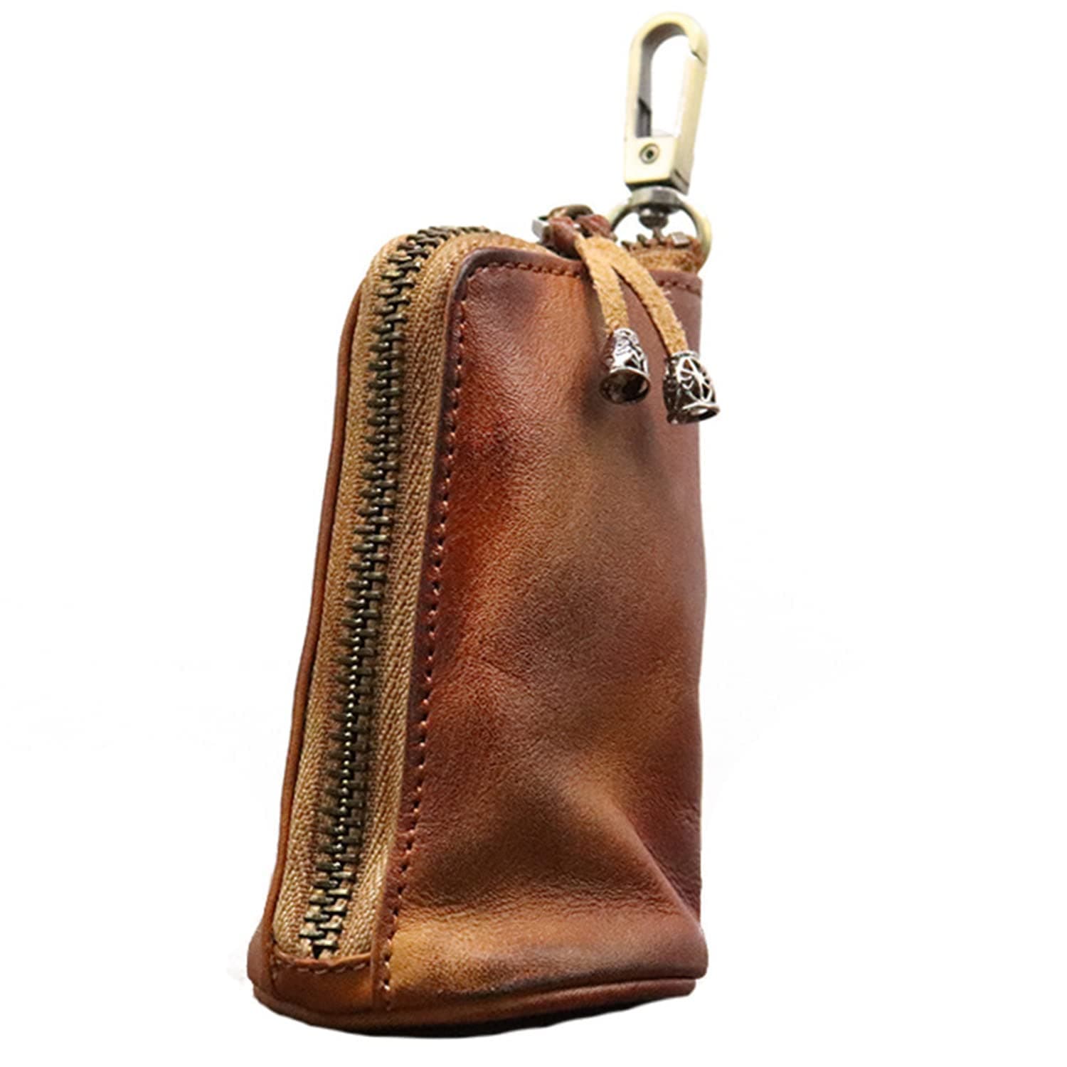 Medieval Leather Zipper Coin Pouch, Genuine Cowhide Handcrafted Coin Organizer Change Holder Keychain Coin Purse for Men & Women (Brown)