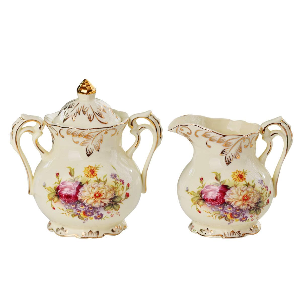 YOLIFE Flowering Shrubs Pattern Golden Leaves Edge Sugar and Creamer Bowl Set