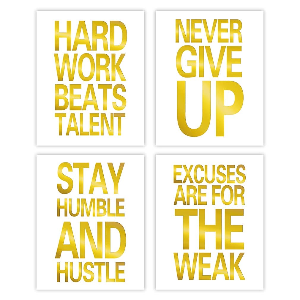 LHIUEM Inspirational Quotes Never Give Up Gold Foil Print, Motivational Word Hard Work Cardstock Wall Art Painting Minimalist Lettering Stay Humble Home Poster Decor (8 X 10 inch, set of 4, Unframed)
