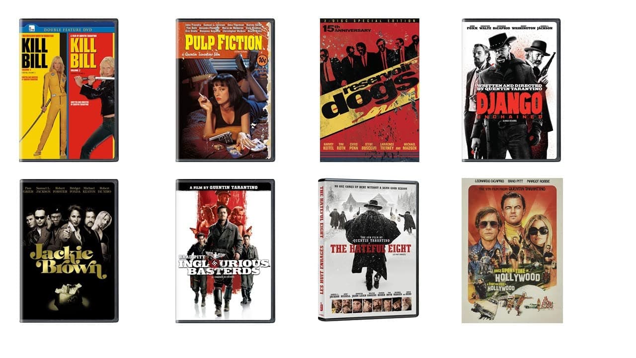 Quentin Tarantino 9 Film Collection (Once Upon a Time in Hollywood / Reservoir Dogs / Pulp Fiction / Kill Bill Vol 1 and 2 / Inglourious Basterds / Django Unchained / Hateful Eight / Jackie Brown) with Bonus Sticker