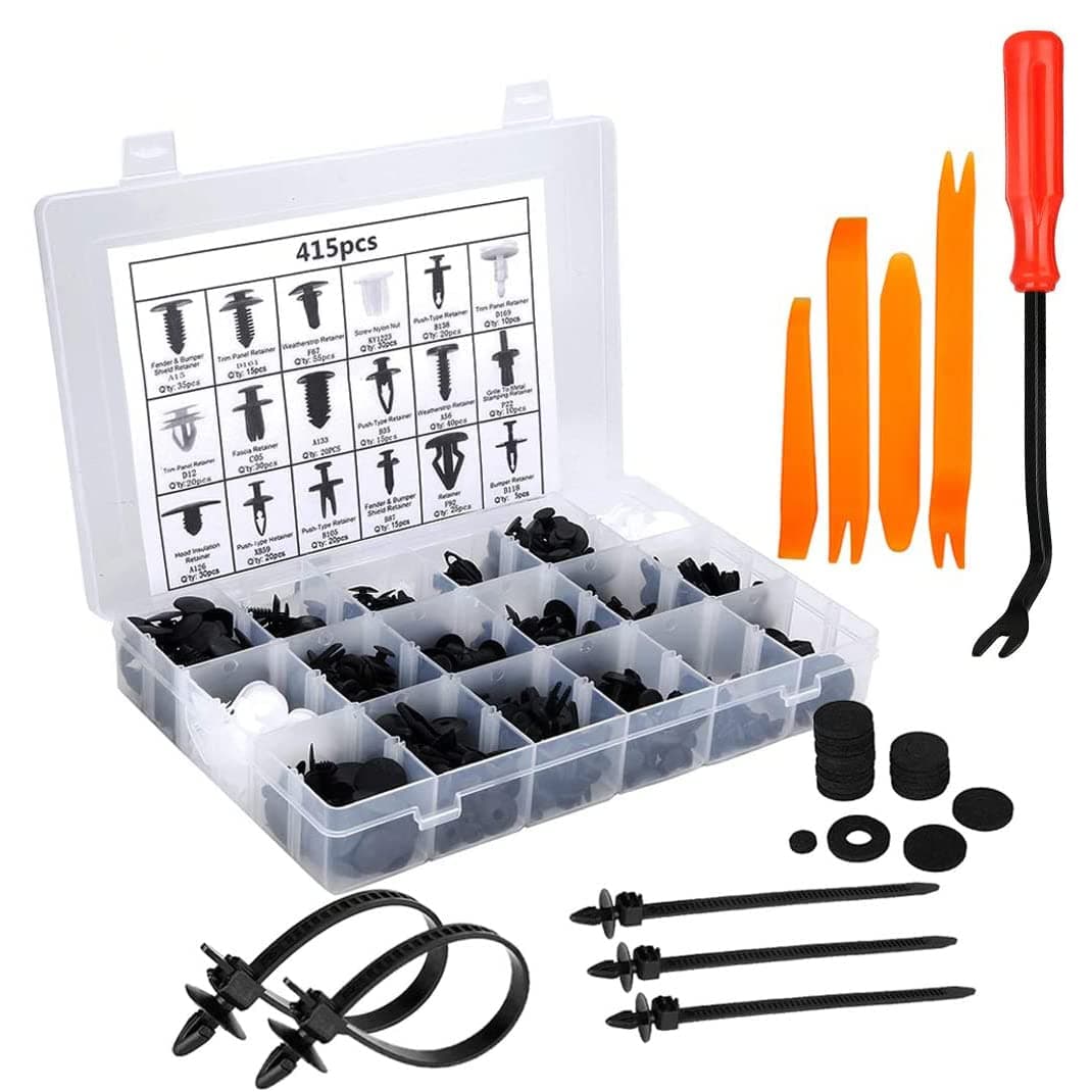 445Pcs Car Retainer Clip with Fastener Remover Kit, 19 Popular Sizes Car Trim Clips and Bumper Fittings Push Clips, 5Pcs Fastener Remover, 5Pcs Reusable Cable Ties, 20Pcs Sponge Cushion