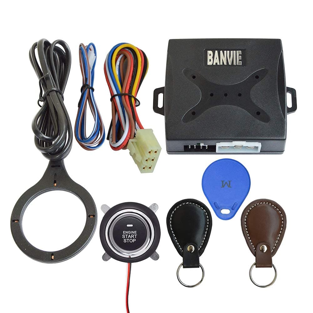BANVIE Car RFID Push to Start Ignition Kit, Keyless Go Engine Start Stop Button System with Leather Key, Anti-Thief Double Layer Start Protection for Most DC12V Cars