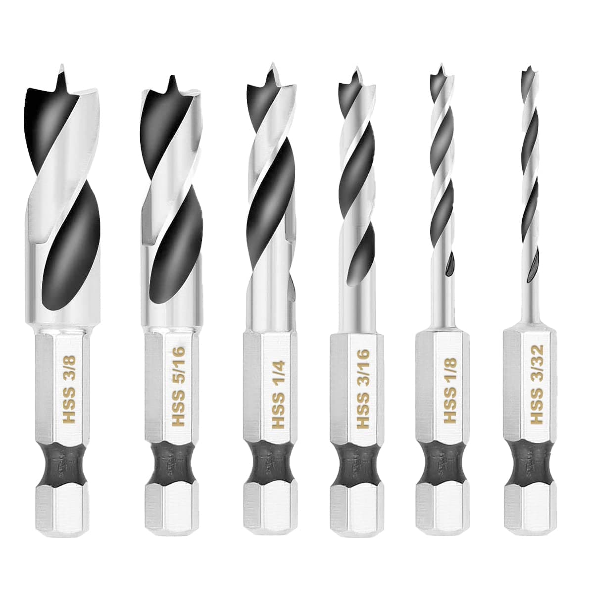 YENJO 6 Pcs HSS Stubby Drill Bits Set for Wood, Hex Shank High Speed Steel Woodworking Drill for for Quick Change Chucks and Drives