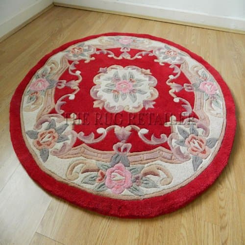 Chinese Round/Circle Wool Rugs In Red Handmade Traditional Aubusson Design 120cm Or 4' Diameter