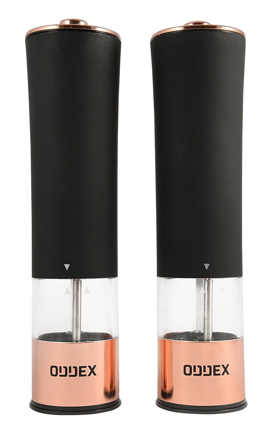 Matte Black Electric Salt and Black Pepper Grinders with Bronze detailing by ODDEX | Automatic One Touch Operation, Adjustable Coarseness, Battery Operated, Refillable, Durable and Easy To Use Mills