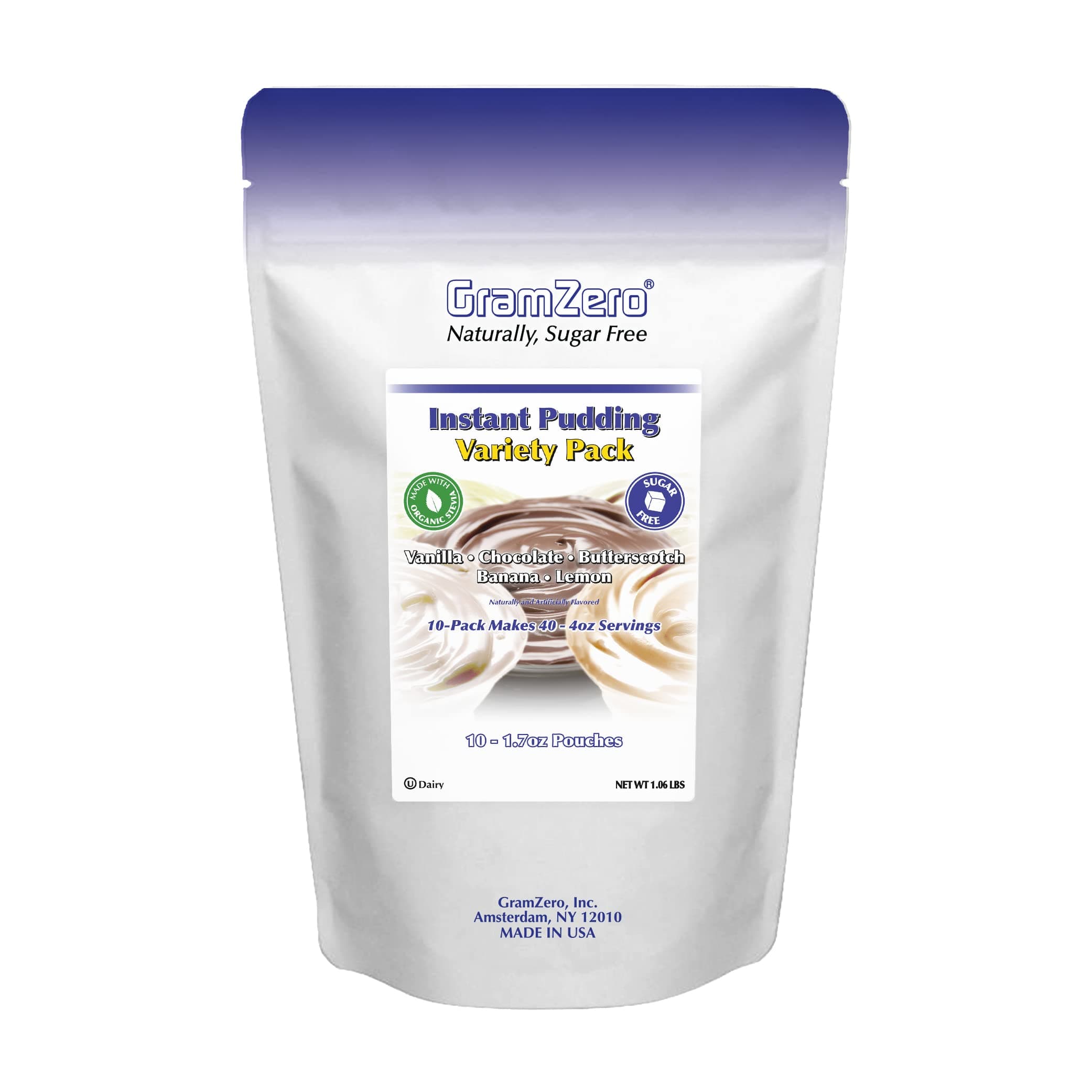 GramZero Variety (Vanilla, Chocolate, Butterscotch, Banana, Lemon) Sugar Free Pudding Mix Variety 10-Pack, Great For Nutrition Club Meal Replacement Shakes, Low Calorie Dessert, Stevia Sweetened