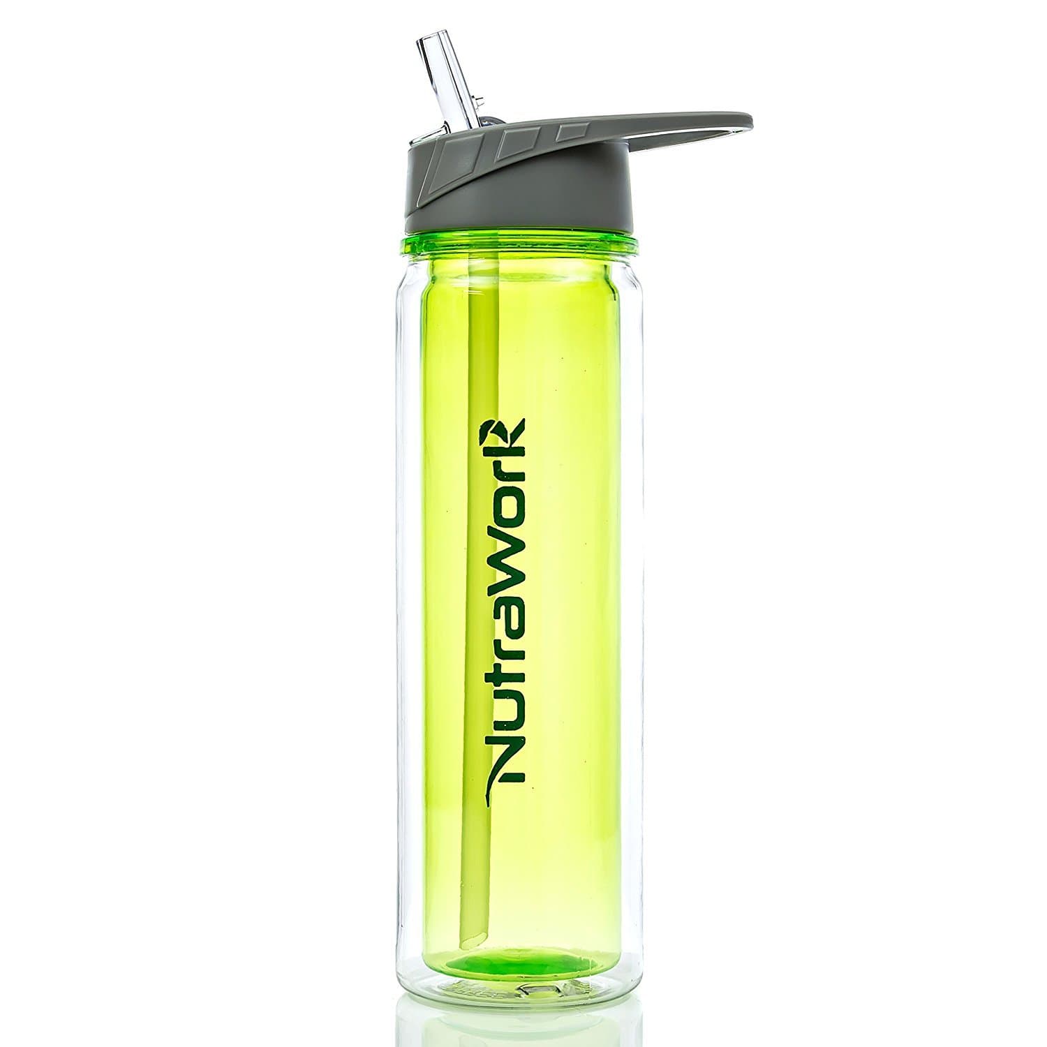NutraWork Best Insulated Plastic Water Bottle with Straw BPA Free Double Wall Vacuum Sealed- Does NOT Sweat- Lime Green 20oz Flip Top Wide Mouth Design and Made of Tritan Material