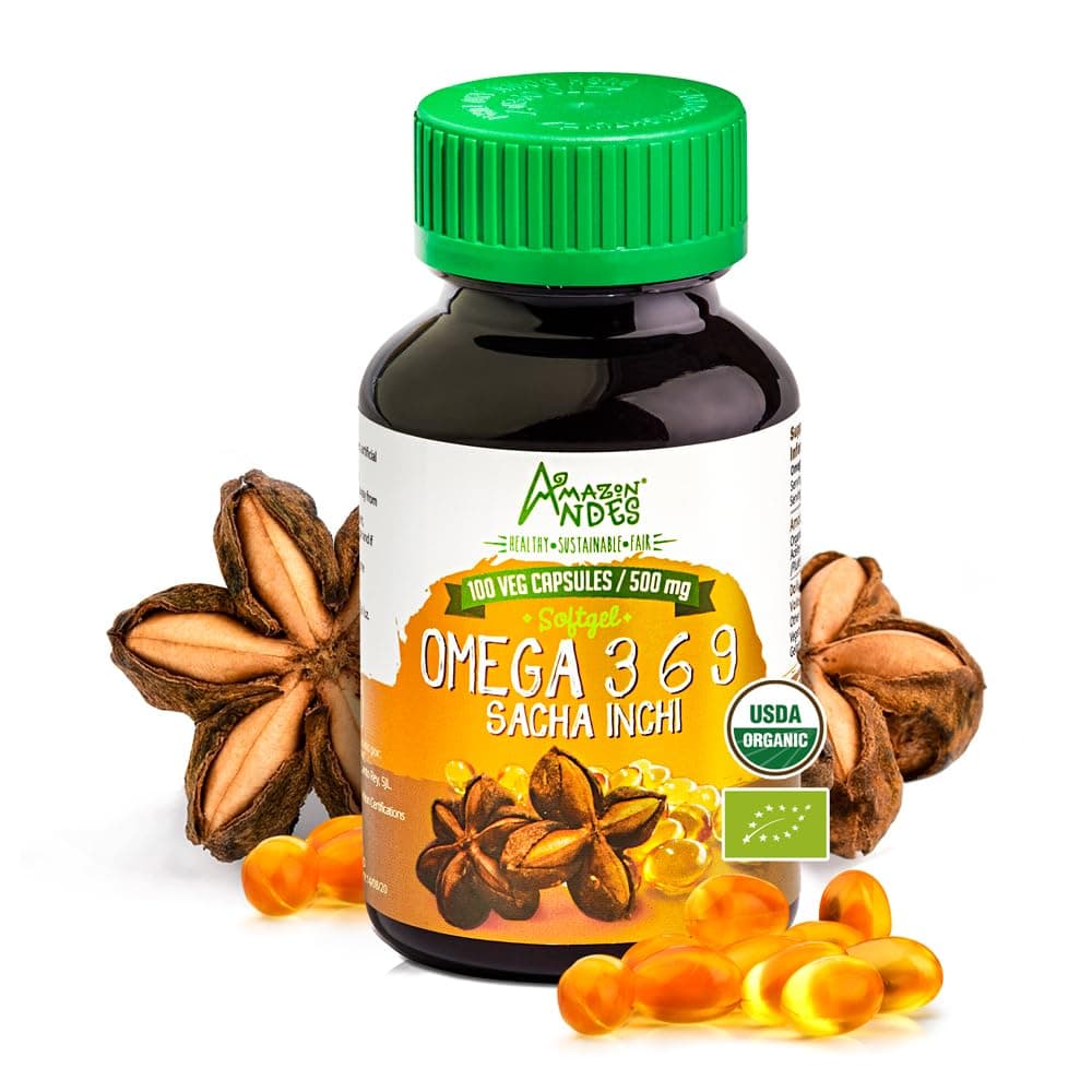 Organic Source of omegas 3, 6 and 9 l Sacha Inchi Oil softgel Capsules l 100 x 500 mg Pills l Healthier Essential Fatty Acids Source l Non GMO and Gluten Free l Amazon Andes