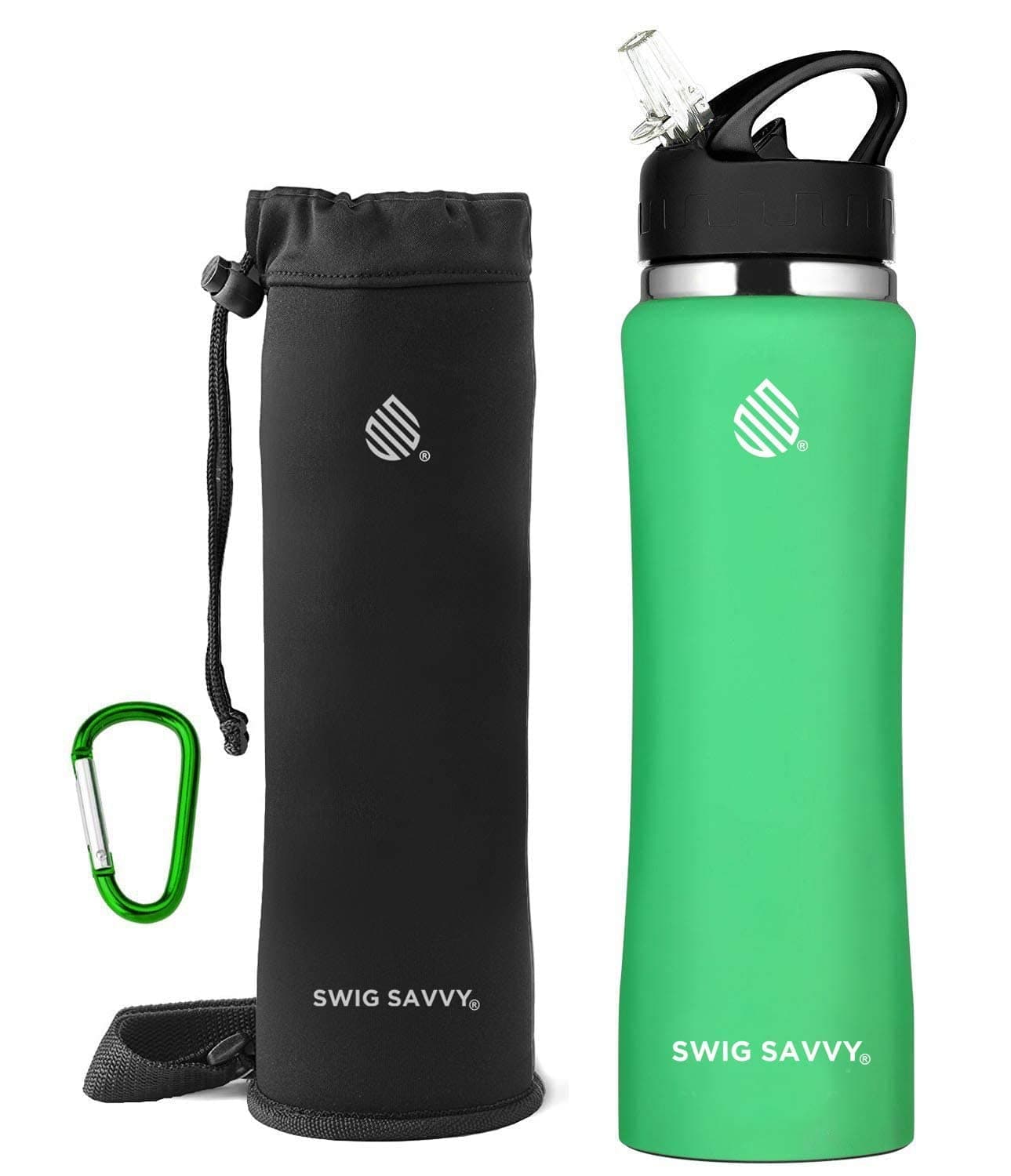 Swig Savvy Stainless Steel Insulated Leak Proof Flip Top Straw Cap Water Bottles with Pouch & Clip, Aqua Fresh, 24oz