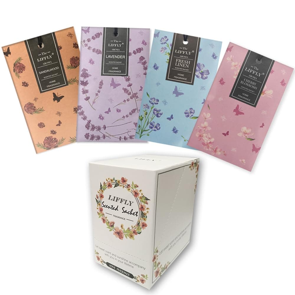 LIFFLY14 Packs Scented Sachets for Drawers and Closets Lavender Fresh Linen Sandalwood Cherry Blossoms 4 Different Scent