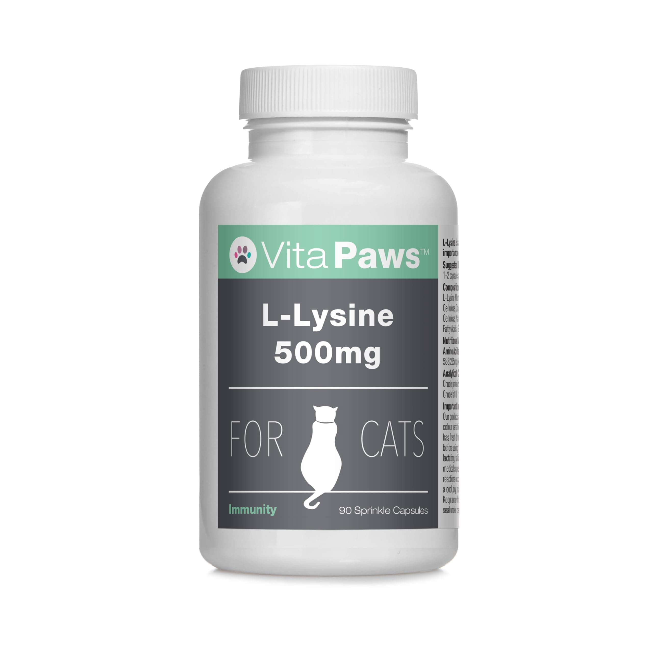 VitaPaws L-Lysine 500mg For Cats ™ | 90 Sprinkle Capsules | Popularly Chosen For Feline Immunity | Manufactured in the UK