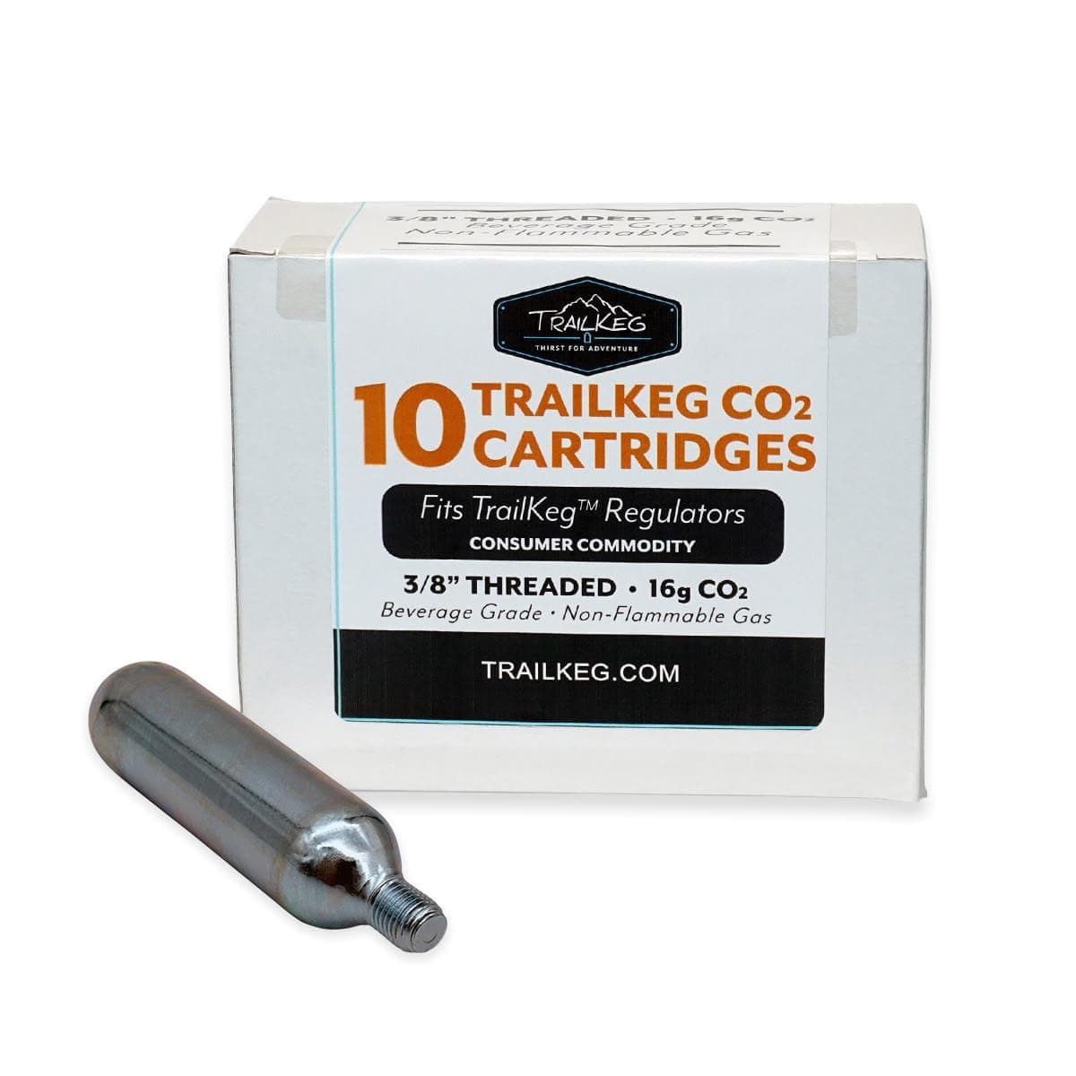 TrailKeg 16g Threaded CO2 Cartridges for Beverage Dispensing & Bike Tire Inflators - Food Grade Co2 Canisters for Growlers, Mini Kegs & MTB, 10-Pack
