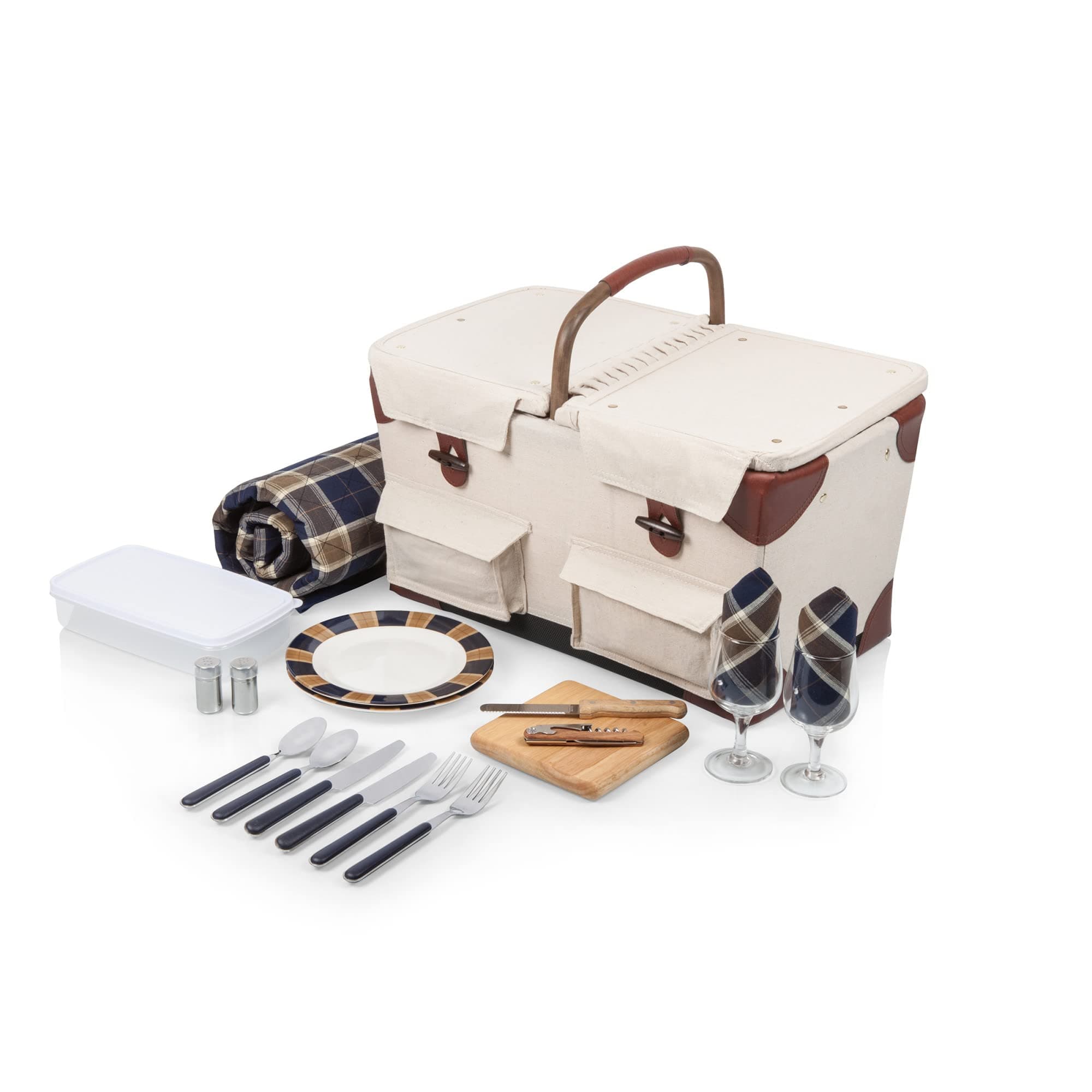 PICNIC TIME Pioneer Deluxe Picnic Basket, Romantic Vintage Wood-Framed Basket Covered in Canvas, Complete Deluxe Service for Two with Water-Resistant Bottom and Two Lids, (Beige Canvas)