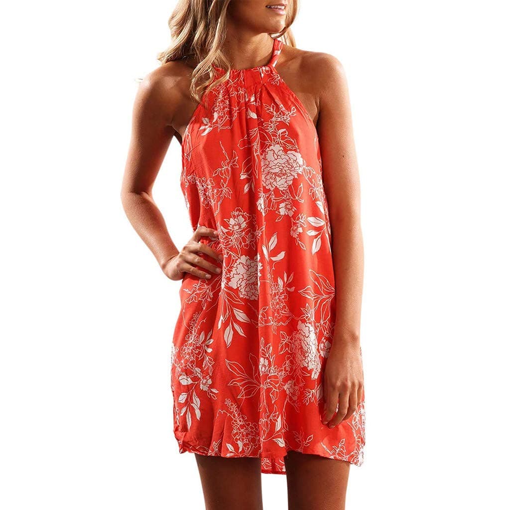 Women's Ladies Summer Sleeveless Halter Neck Floral Print Casual Mini Dress