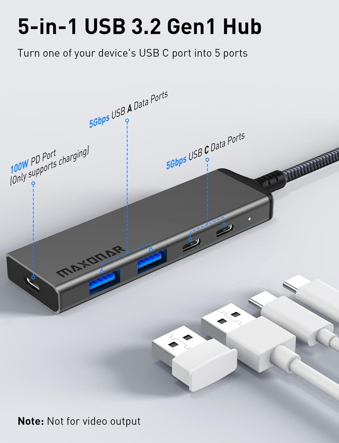 Maxonar USB C HUB, Multiple USB 3.2 Hub Adapter with 100W PD Port, 5Gbps Type C & USB A Data Ports, 5-in-1 USB C Extender Splitter Dongle for iPhone 15 Series MacBook Pro/Air iPad Pro Surface XPS