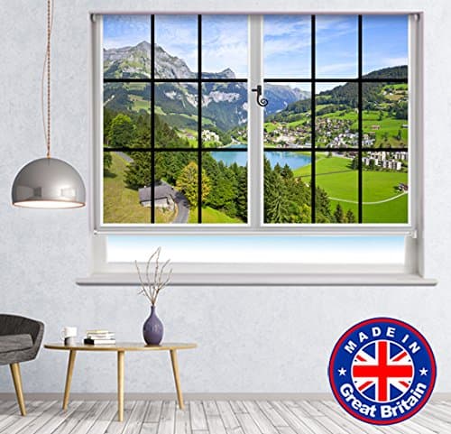 Photo Blind - Window View of Swiss Landscape Lake forest Nature scene Printed Picture Photo Roller Blind Blackout & Standard Fabric - Custom Made Printed Photo Blind