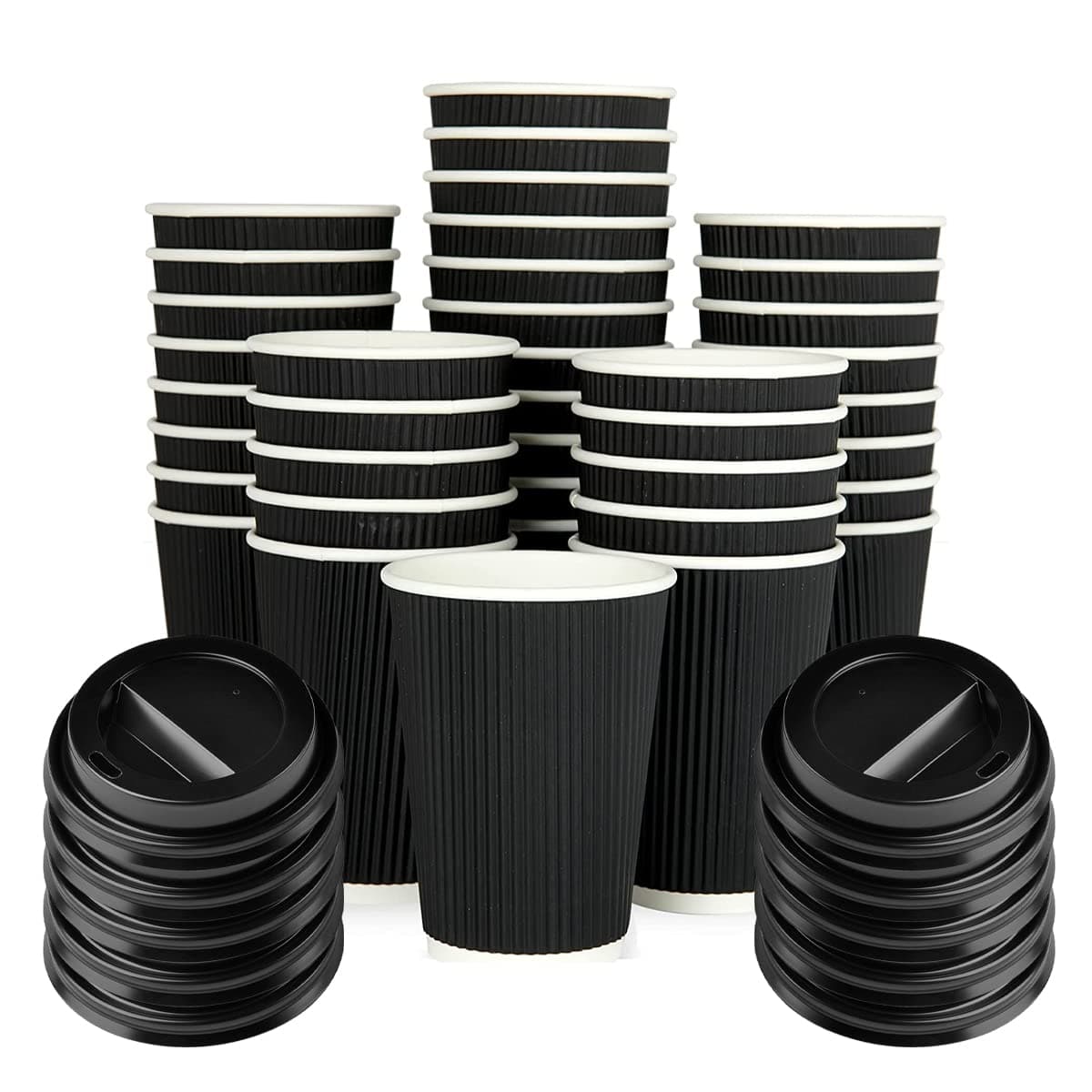 Zuvo [50 Pack Takeaway Coffee Cups with Lids | Disposable Insulated Triple Wall Ripple Kraft Paper Coffee Cups for Takeaway Coffee, Tea or hot Liquids | Pack of 50 (12 Oz.), Black