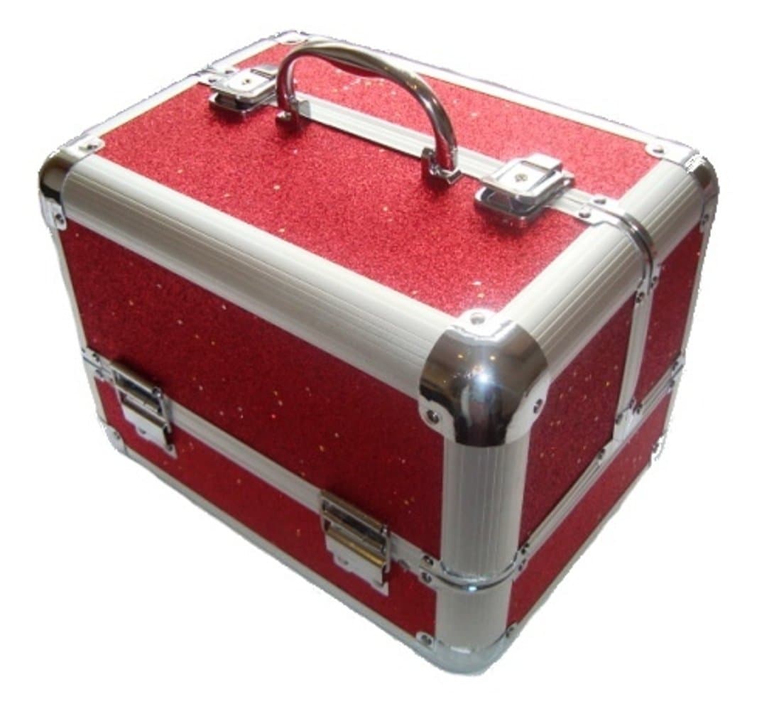 Sparkly Glitter Aluminium Beauty Make up Vanity Case Box Nail hair Box (RED)