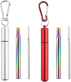 2 Packs Collapsible Stainless Steel Drinking Straws, Reusable Straws, Travel Retractable Straws with Aluminum Case, Cleaning Brush, and Keychains(Silver&Red), stretchable