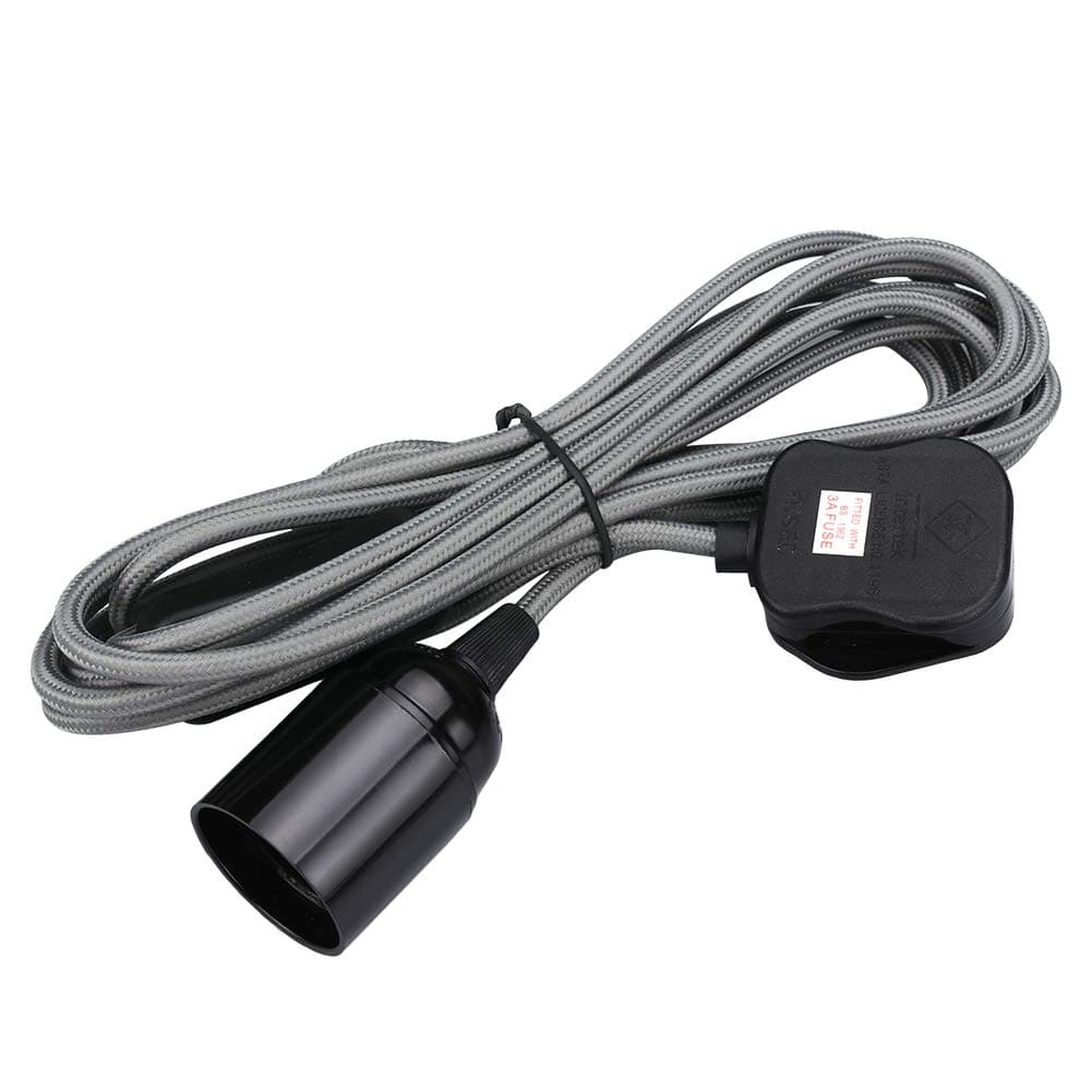 Pendant Light Ceiling Lighting Fitting, E27 Lamp Holder Suspended Pendant Light Fitting Kit, 2 Core Gold Fabric Cable Plug with On/Off Switch- UK Plug (Grey, 2m)