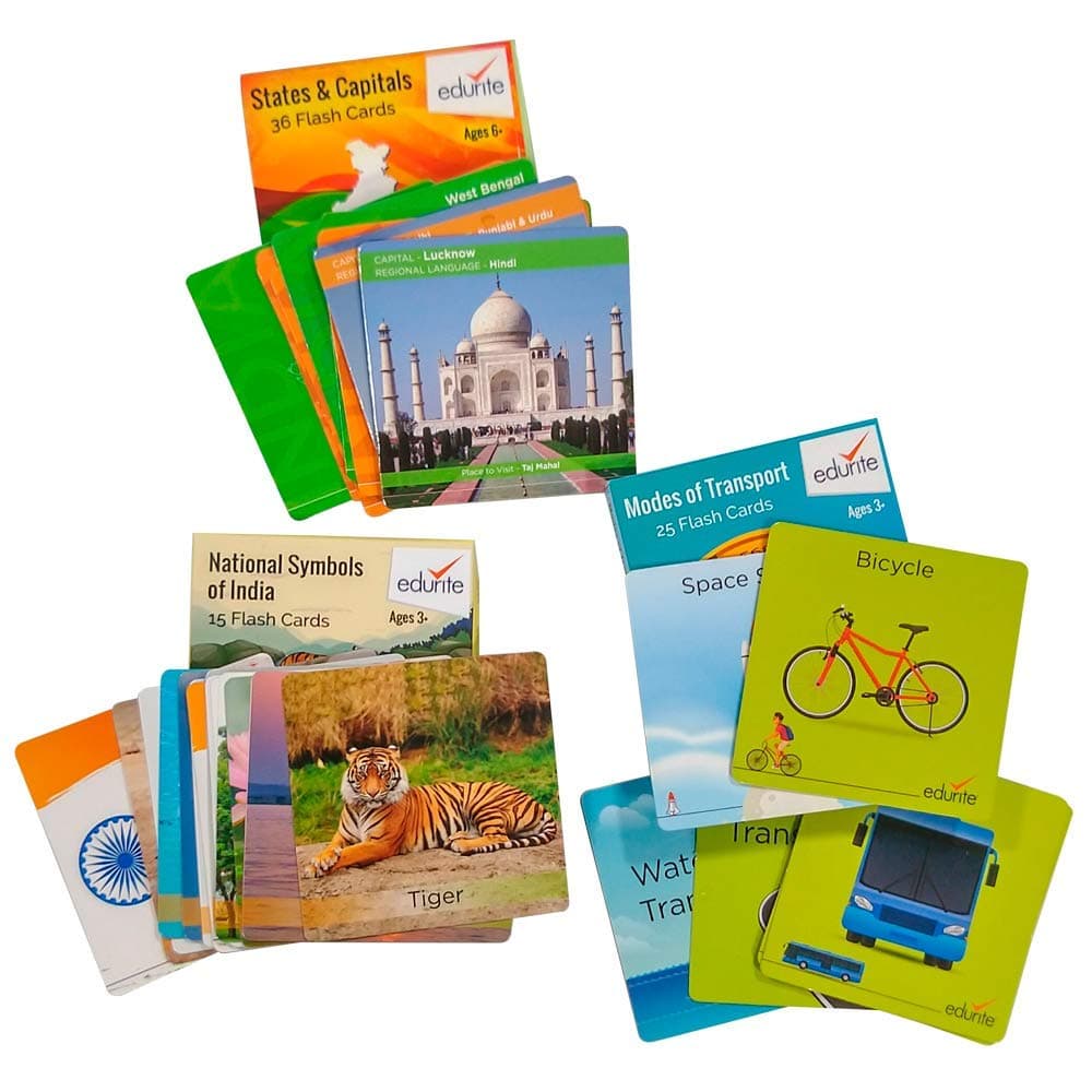 Edurite General Knowledge Flash Cards Toys & Games (States & Their Capitals, Modes of Transport & Indian National Symbols)