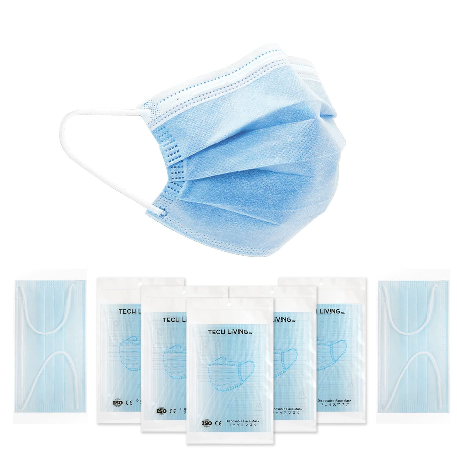Individually Wrapped! tech LIVING Diposable Face Masks, Medical Face Masks for Adult, Extra Thick and More Comfortable, 3 Layers, 20 PCs, EN 14683:2019 Standard (Blue)