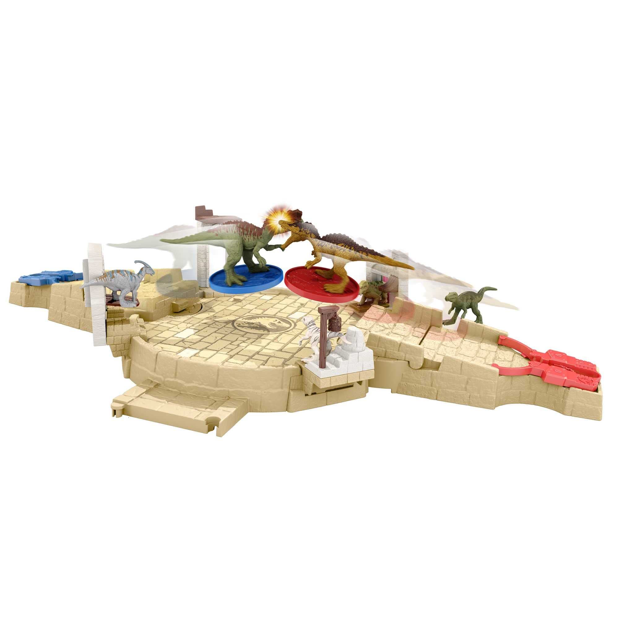 Jurassic World HBT63 Mini Battle Arena Playset and Game with 6 Dino Mini Figures, 2 Disc Launchers, Multilevel Play Area, Dinosaur Toy from 4 Years