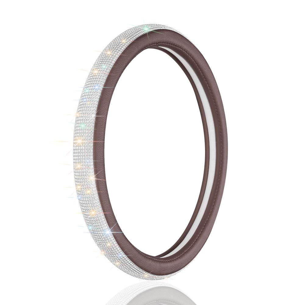 OTOSTAR Luxury Litchi Soft Leather Crystal Steering Wheel Cover, with 3444pcs Premium Bling Bling Full Diamond 15 inch (Brown)