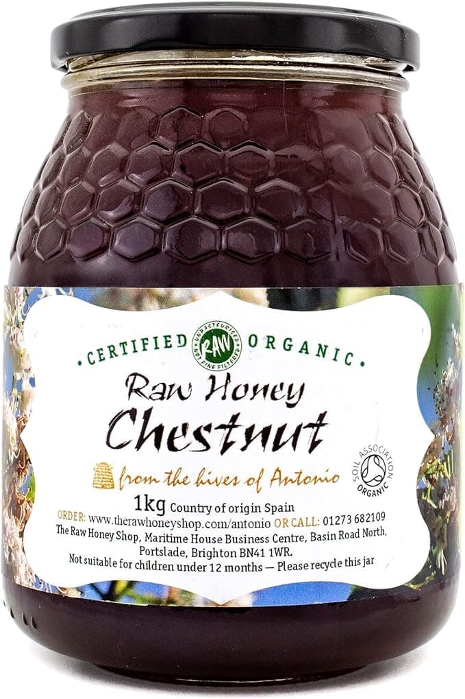 Antonio's Raw Organic Chestnut Honey 1kg/Premium Quality Wilderness Honey/Cold-Pressed, Unpasteurised, Coarse-Filtered, Rich in Minerals & Antioxidants/The Raw Honey Shop