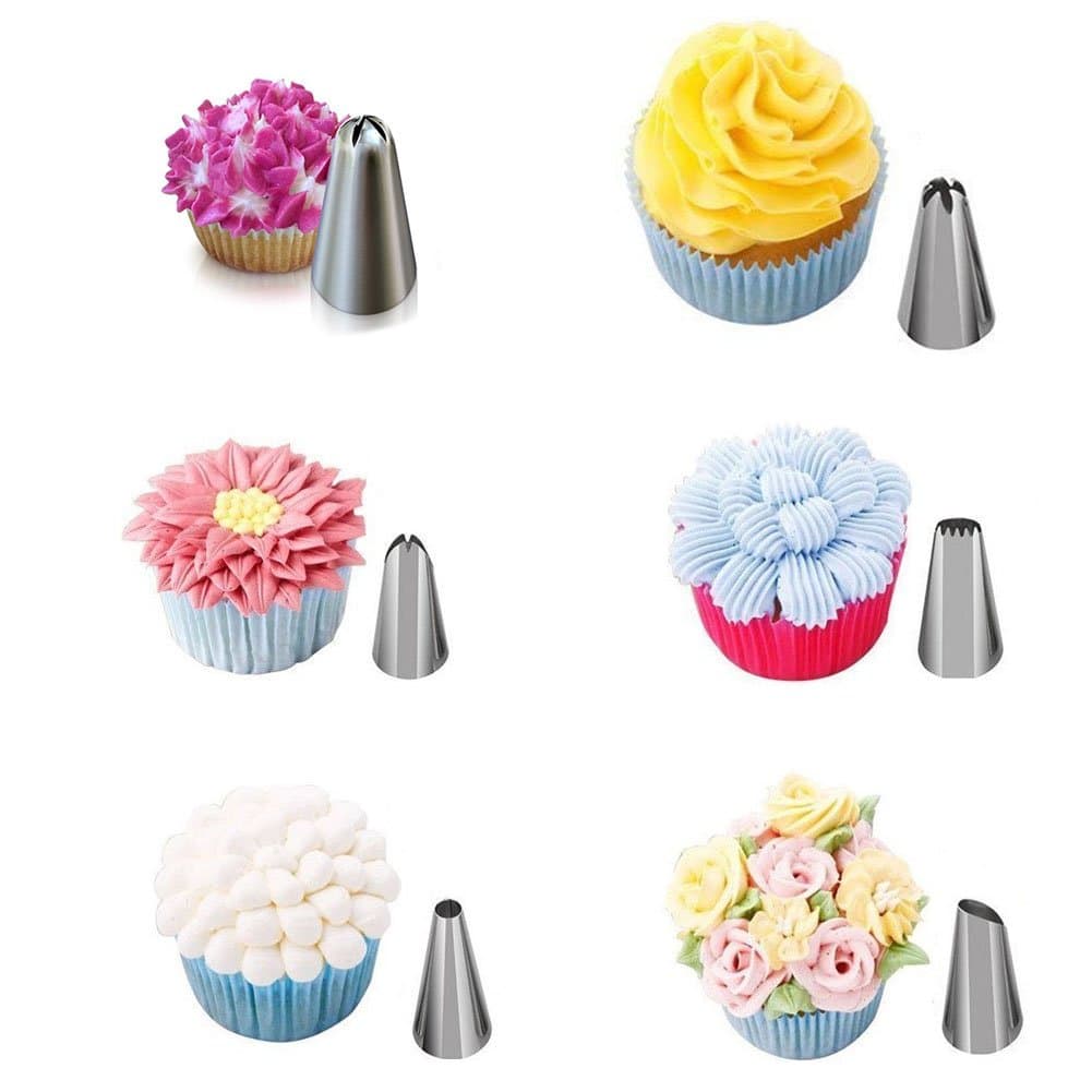 Cake & Cupcake Decorating Tip 6 Piece Decorating Tube Set Stainless Steel Decorating Tips - Closed Star Tip - Open Star Tip - Round Tip - French Tip - Swirl Tip - BONUS Drop Flower Tip (Tip-212)