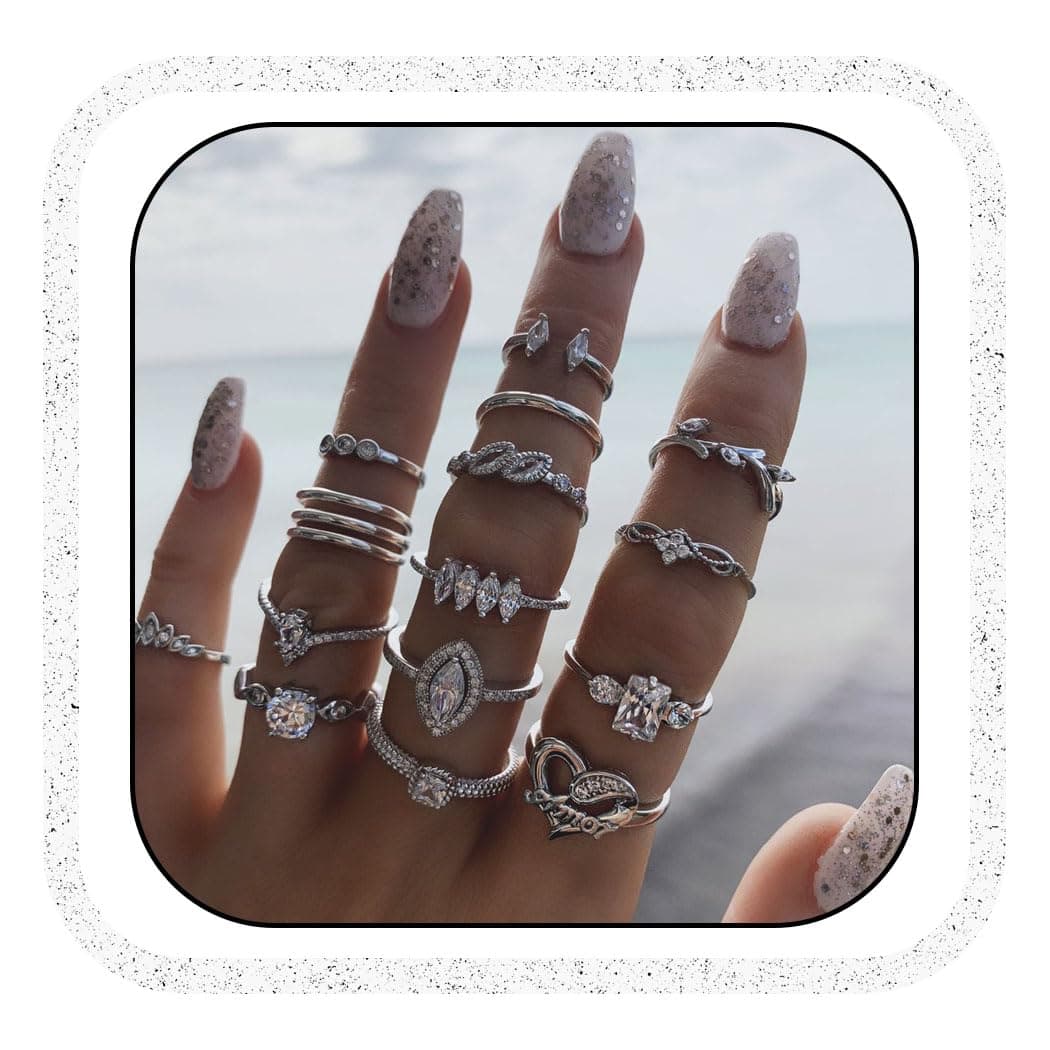 Vintage Gemstone Ring Sets Silver Crystal Knuckle Stacking Rings Boho Flower Moon Mid Rings Jewelry for Women(15pcs)