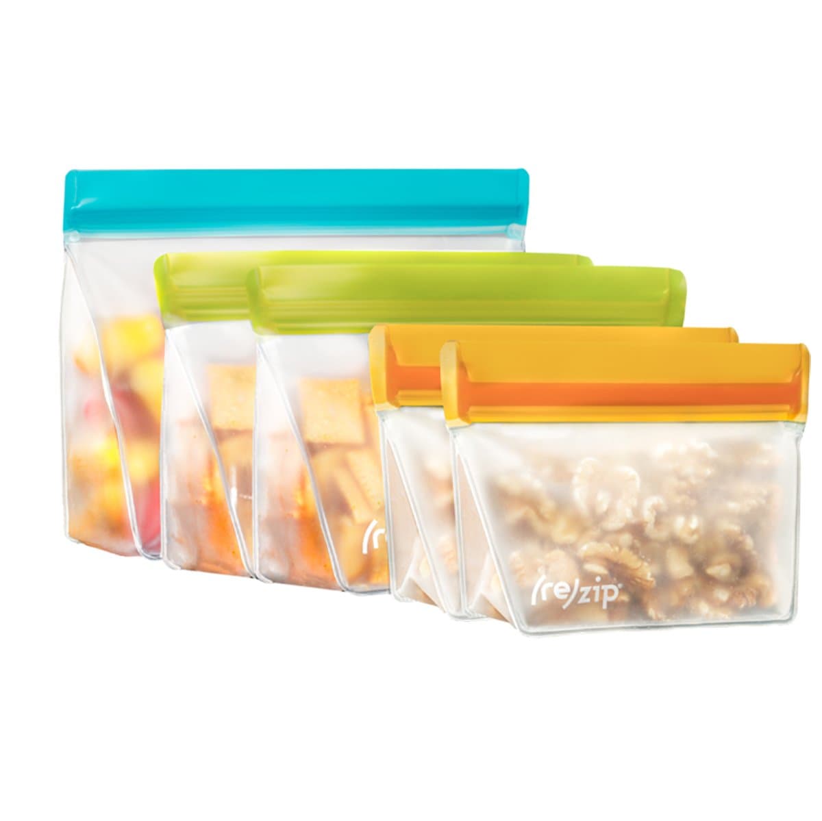 rezip 5-Piece Stand-Up Reusable BPA-Free Food Grade Storage Bag Pack n' Go Kit, Leakproof, Freezer Safe, Dishwasher Safe, Travel Friendly, (2) Snack (1-Cup/8-Ounce), (Multicolor)