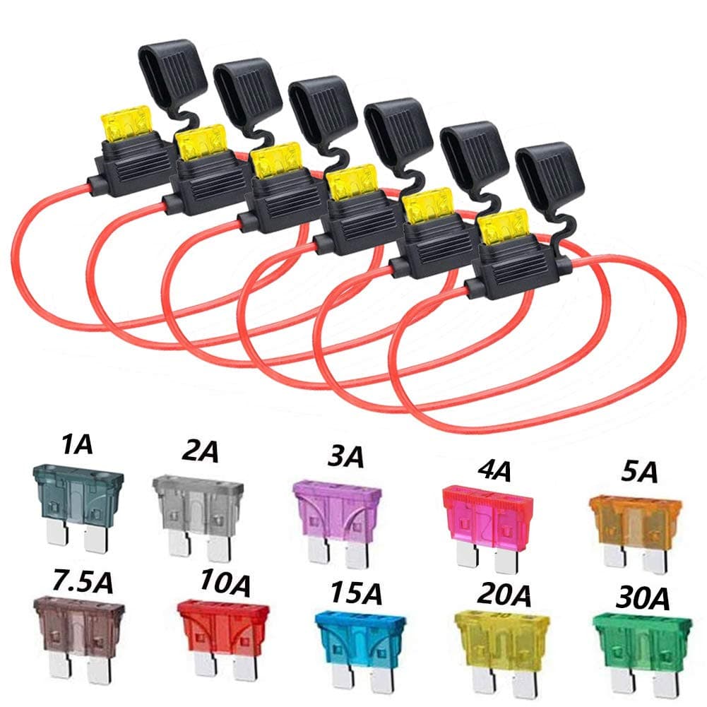 12 Gauge in Line Fuse Holder ATC/ATO 6 Pcs Waterproof Inline Automotive Blade Fuse Holder with 55PCS Standard Car Fuses 1A 2A 3A 4A 5A 7.5A 10A 15A 20A 25A 30A Automotive Replacement Fuses