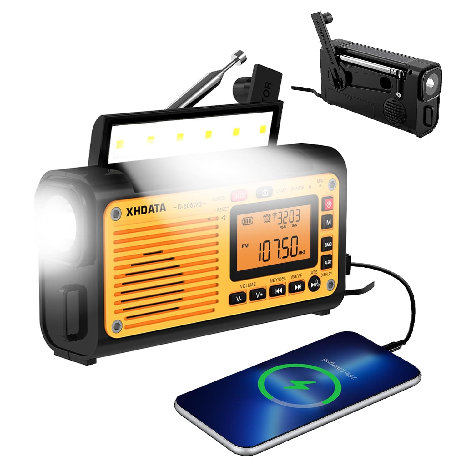 XHDATAD-608WB Short Wave FM/Am/SW Radio, Solar Crank Emergency Rechargeable Battery, SOS Alarm Radio, Bluetooth MP3 Player, Flashlight, Reading Lamp for Camping