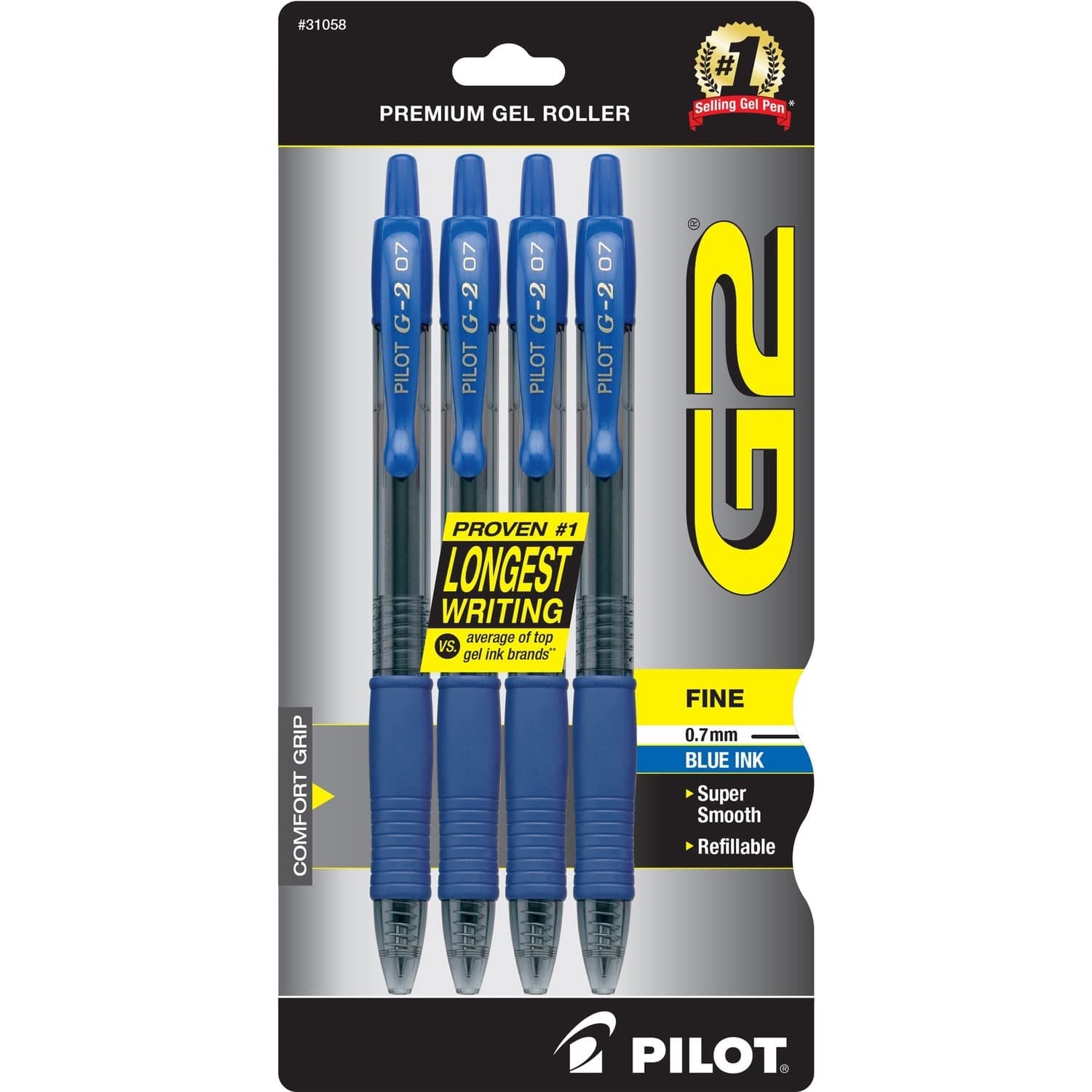 PILOT G2 Premium Refillable and Retractable Rolling Ball Gel Pens, Fine Point, Blue Ink, 4-Pack (31058)