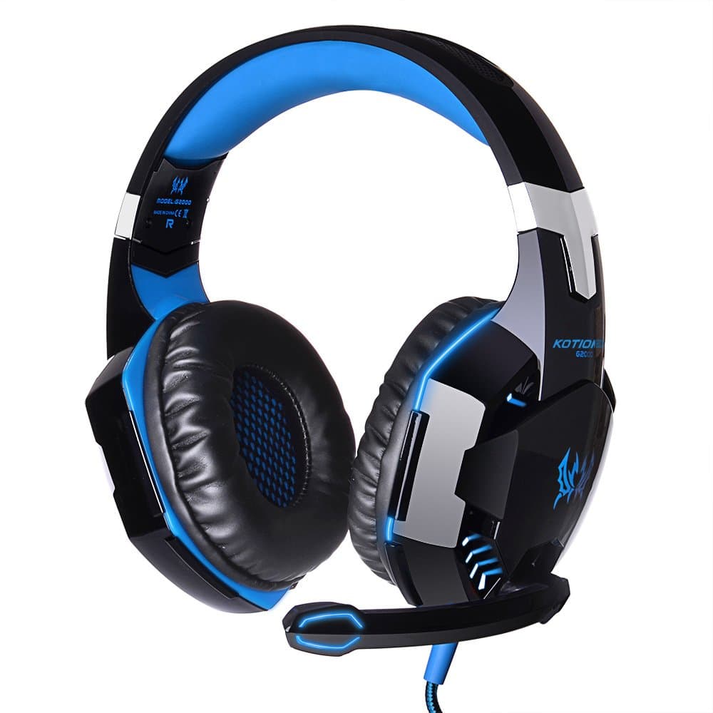 JinSun G2000 Gaming Headset Headphone Stereo Over-Ear Game Bass Headset Headband Earphone with Mic and LED Light for PS4 Laptop PC Tablet Smartphones (Blue)