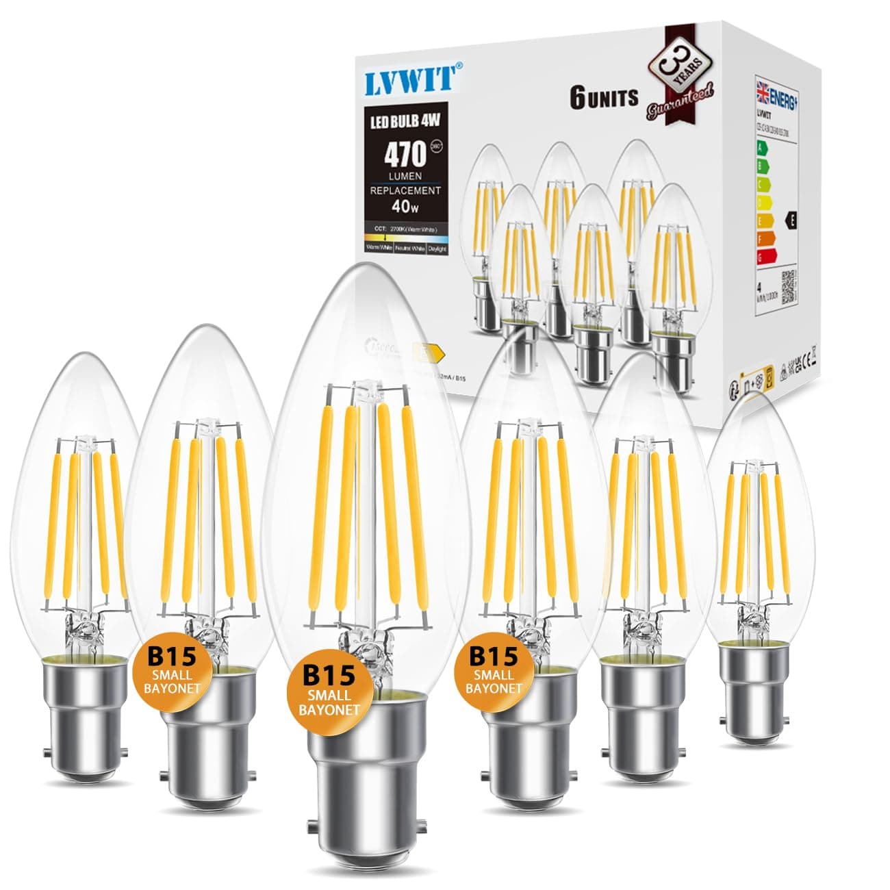 LVWIT 4W C35 Small Bayonet Bulb 40W Incandescent Bulbs Equivalent, B15 LED Filament Candle Bulb,470Lm, 2700K Warm White Candle B15 Bulbs Small Bayonet,220-240V,NO-Dimmable,(35MM*97MM/ 6 PCS)