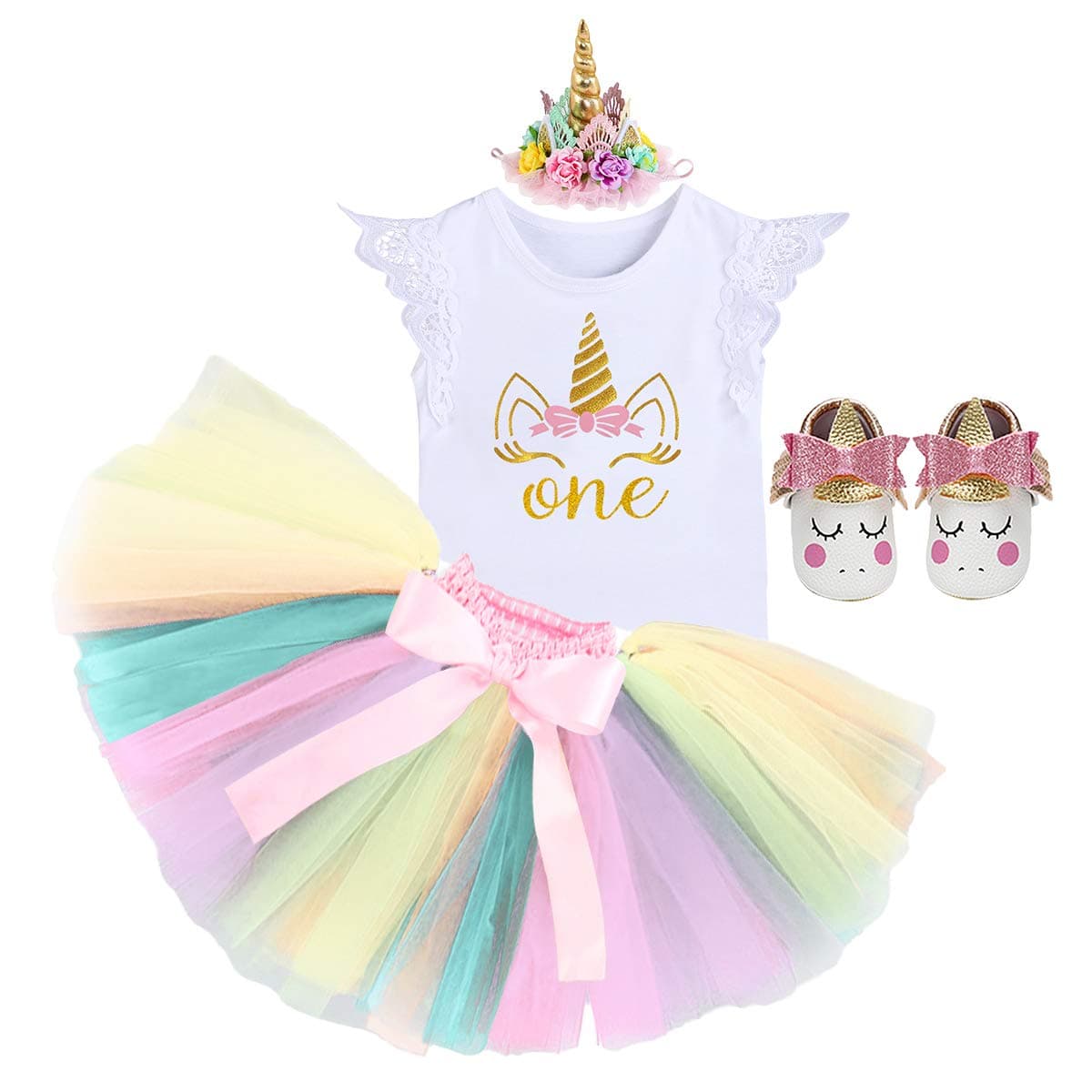 HIHCBF Baby Girls Princess First Birthday Cake Smash Unicorn Outfits Romper Rainbow Tutu Skirt Unicorn Headband (Shoes)
