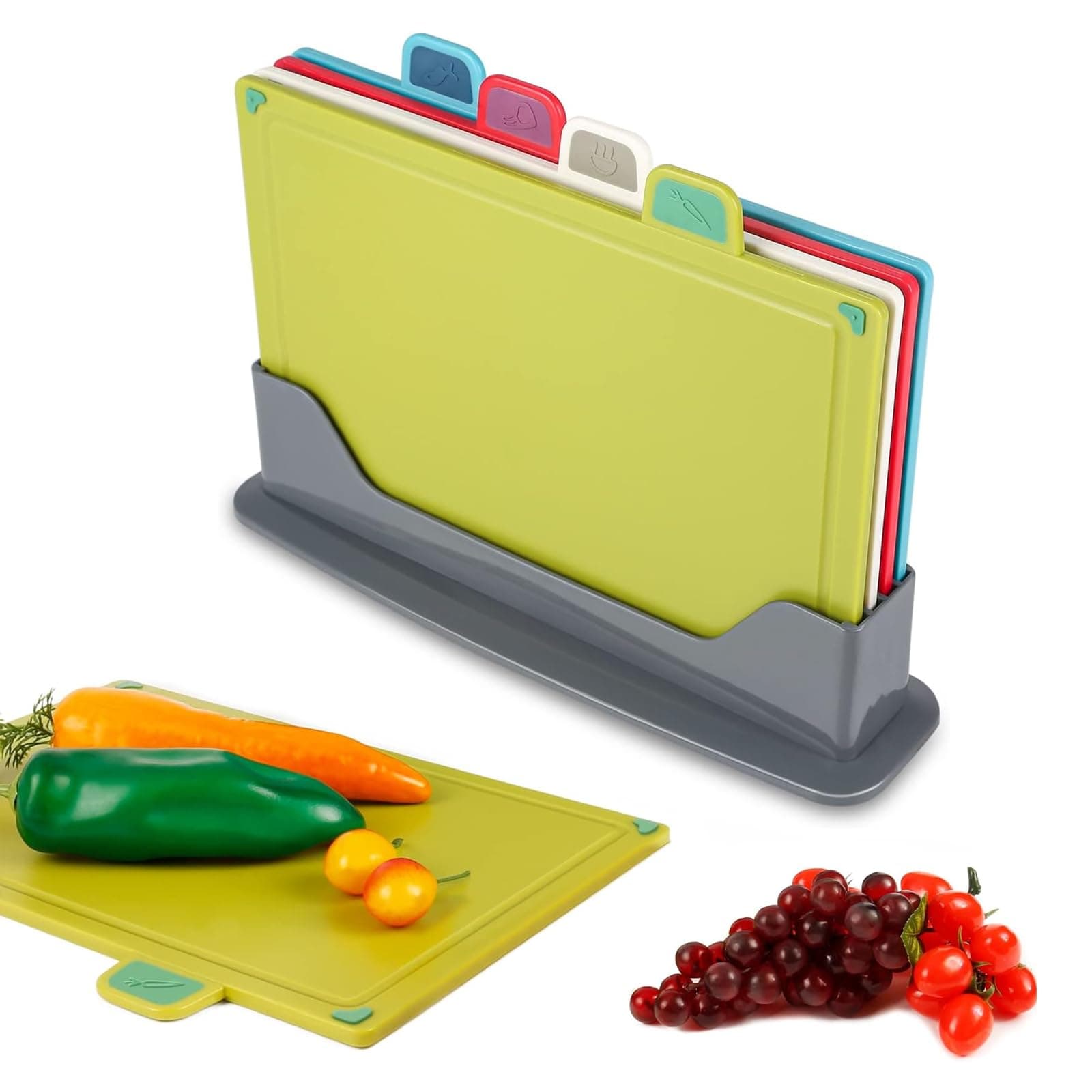 Cutting Boards Set of 4 Chopping Board Kit with Drainage Holder Gripped Handle, Plastic Non-slip Cutting Board for Meat Vegetable Fruit Fish (20 * 30cm-4 Pieces)