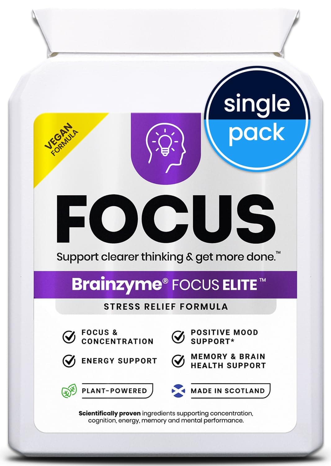 Brainzyme® Focus Elite [Single Pack] Focus Supplements. Stress Free Focus, Energy, Positive Mood & Memory. Panax Ginseng, Ginkgo Biloba, Guarana, Theanine, Choline, Probiotic. 8 Hour Energy Boost.