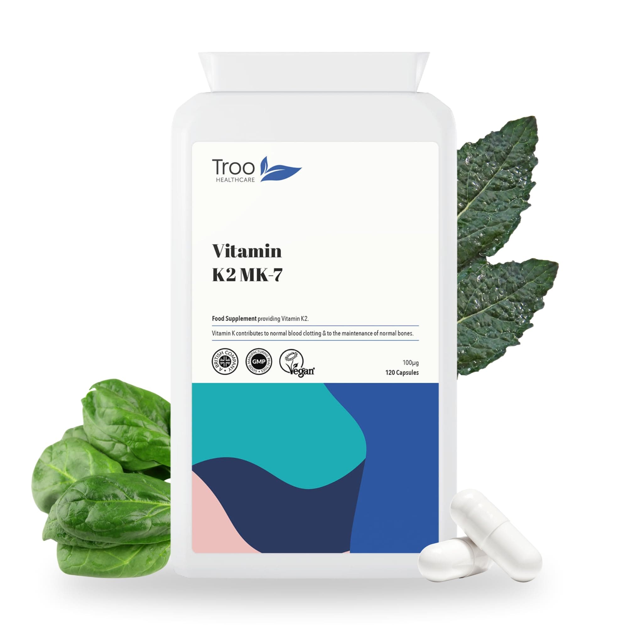 Troo Health Care Vitamin K2 MK-7 100mcg 120 Capsules - Highly Bioactive Vit K2 Bone Support Supplement Using MK7 - Easy Swallow - Suitable for Vegans - 4 Month Supply