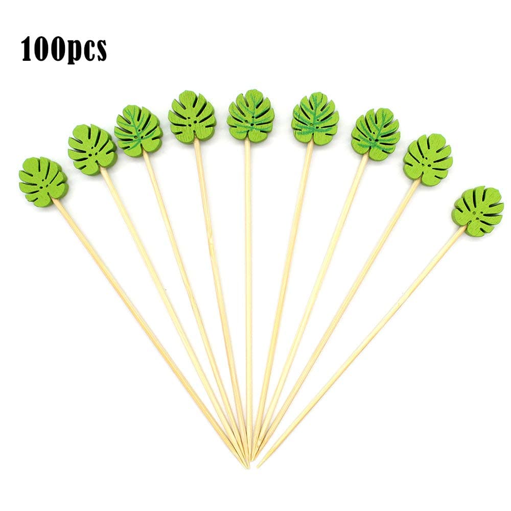 Cocktail Sticks Dylan-EU Wooden Toothpicks 100 Pcs Bamboo Skewers 13 cm Party Tableware for Finger Food Fruits Snacks Sandwich Barbeque Cake - Green Leaves