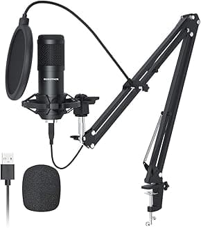 USB Streaming Podcast PC Microphone, Professional 192KHZ/24Bit Studio Cardioid Condenser Mic Kit with Sound Card Boom Arm Shock Mount Pop Filter, for Skype Youtuber Karaoke Gaming Recording