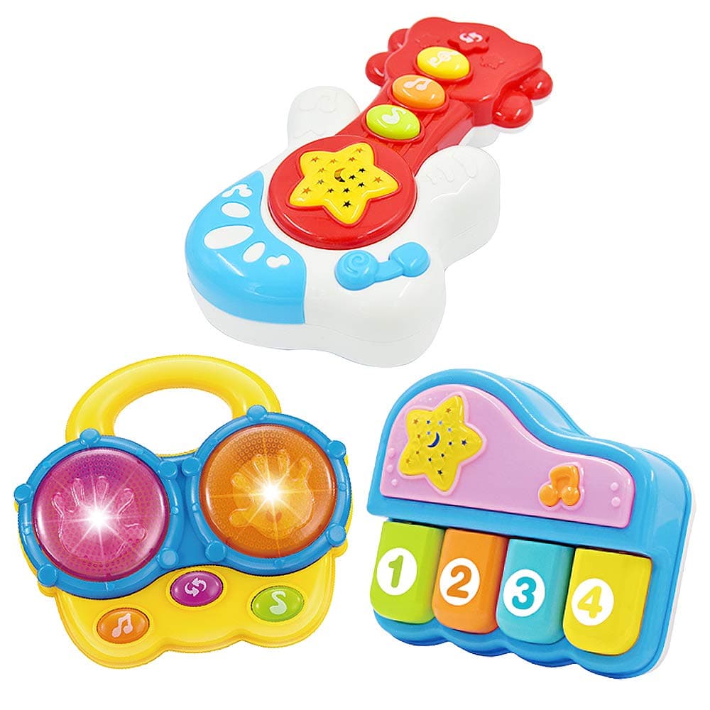 Baby Musical Instrument Set – Piano, Bongo Drums & Guitar – Light-Up Projector Toys for Babies 6+ Months – Educational Multi-Instrument Bundle – Auto Off – Batteries Included