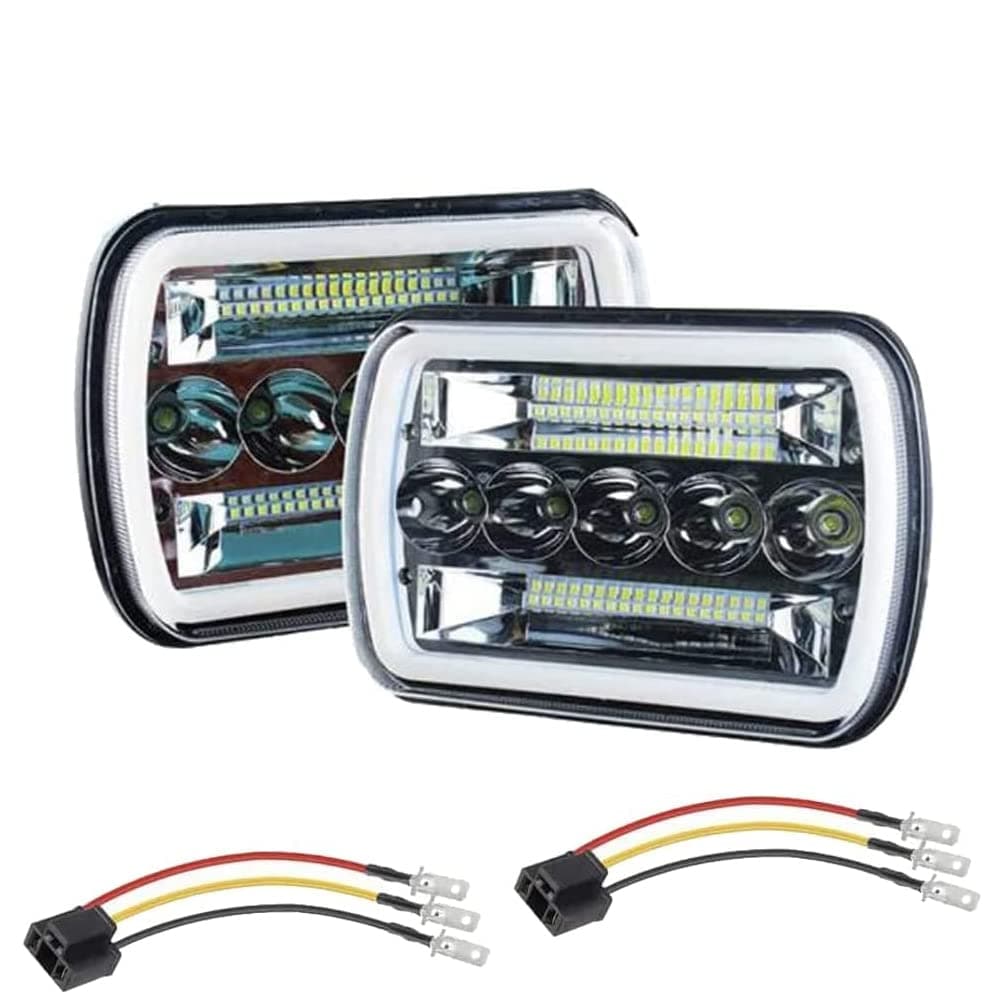 DOT Pair 7x6 5x7 Square LED Halo Headlights with Arrow Angel Eyes DRL Turn Signal H4 Plug for Jeep Wrangler YJ Cherokee XJ Trucks Chevy S10 Sedans GMC H6014 6054 5054 6052 6053