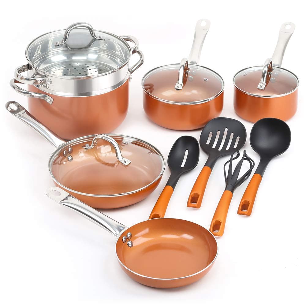 SHINEURI 14 Pieces Nonstick Ceramic Copper Cookware Set - 8/9.5 inch Fry Pans and Kitchen Cooking Utensils, Sauce pan and Stainless Steel Steamer & Glass lid for Induction, Gas, Electric & Stovetops