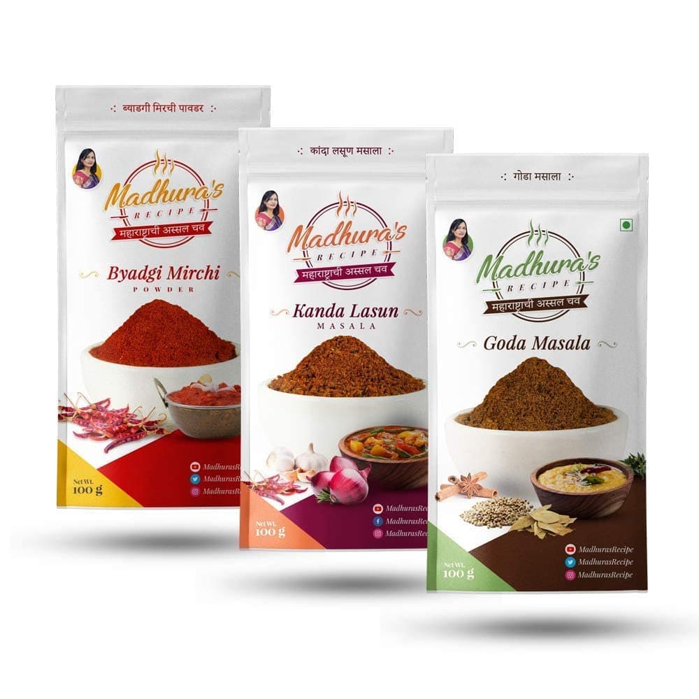 Madhura's recipe Masala : Goda Masala - Byadgi Mirchi Powder - Kanda Lasun Masala Pack Of 3 (100 gm Each)